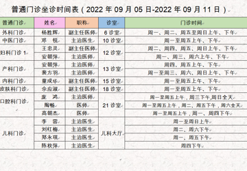 门诊医生坐诊时间表（2022年9月5日-9月11日）
