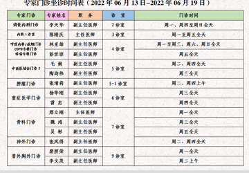 门诊医生坐诊时间表（2022年6月13日-6月19日）