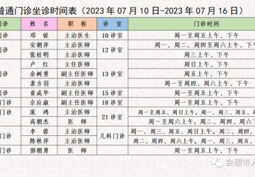 门诊医生坐诊时间表（2023年7月10日-7月16日）