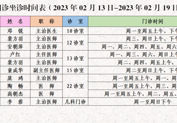 门诊医生坐诊时间表（2023年2月13日-2月19日）