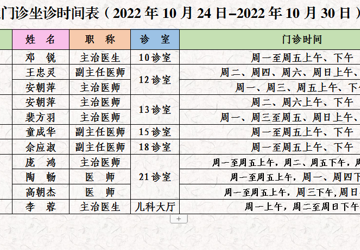 门诊医生坐诊时间表（2022年10月24日-10月30日）