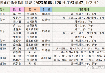 门诊医生坐诊时间表（2023年6月26日-7月2日）