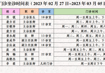 门诊医生坐诊时间表（2023年2月27日-3月5日）