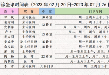 门诊医生坐诊时间表（2023年2月20日-2月26日）