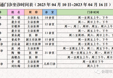 门诊医生坐诊时间表（2023年4月10日-4月16日）