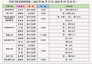 门诊医生坐诊时间表（2022年6月27日-7月3日）